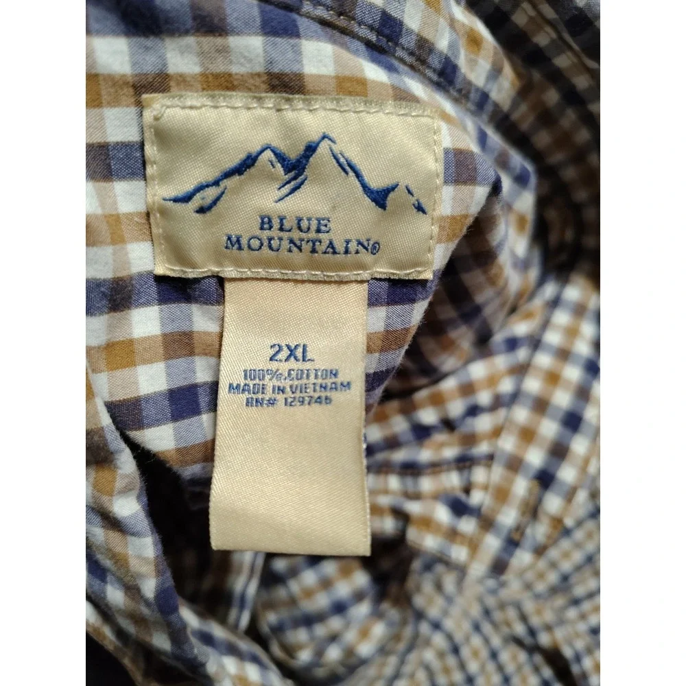 Blue Mountain‎ Shirt Men 2XL Brown Plaid Button Down Office Preppy Short Sleeve